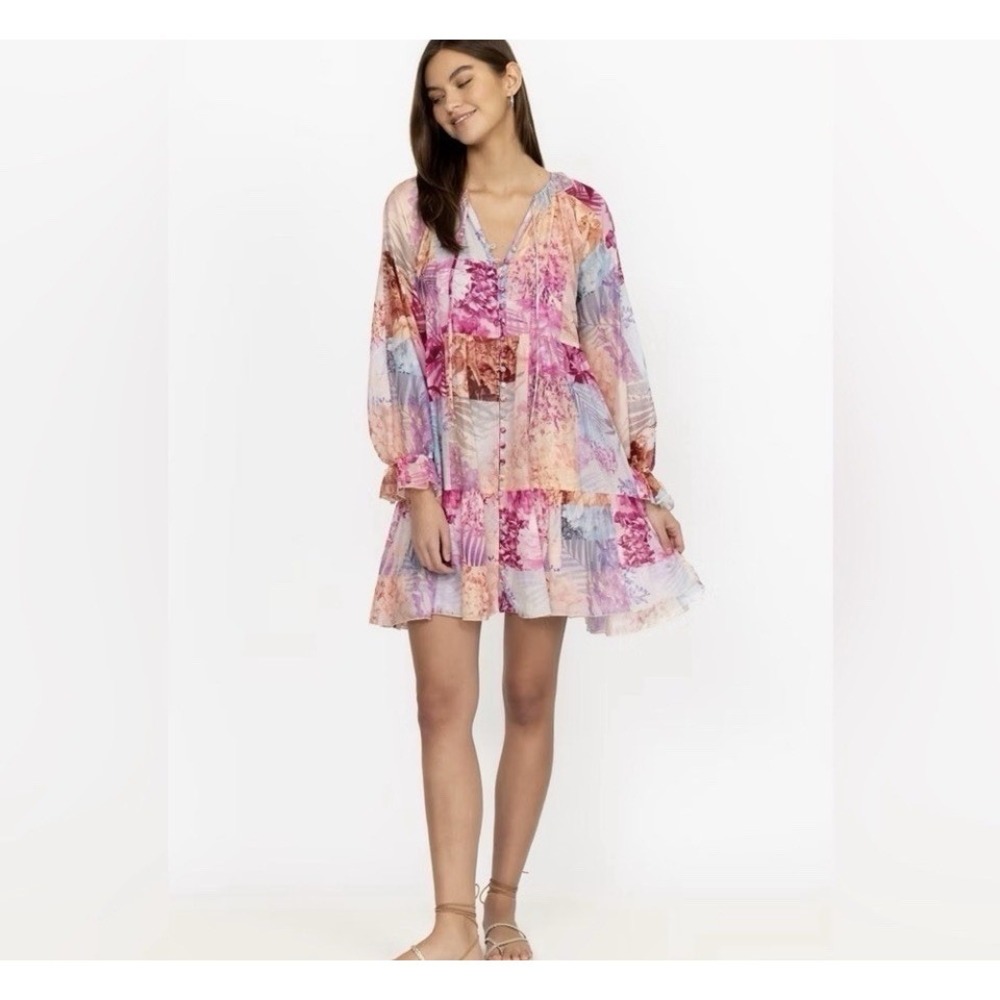 Johnny Was Colorful Patchwork Jade Etta Floral Cotton Silk Mini Dress Sz M READ